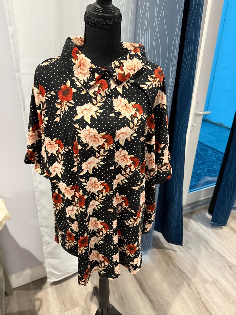 LuLaRoe Black with Red and Cream Floral & Polka Dot Print Blouse